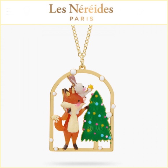 LES NEREIDES N2 Rabbit Fox Christmas Tree Goldplate Hand Enamel PENDANT NECKLACE - Picture 1 of 8